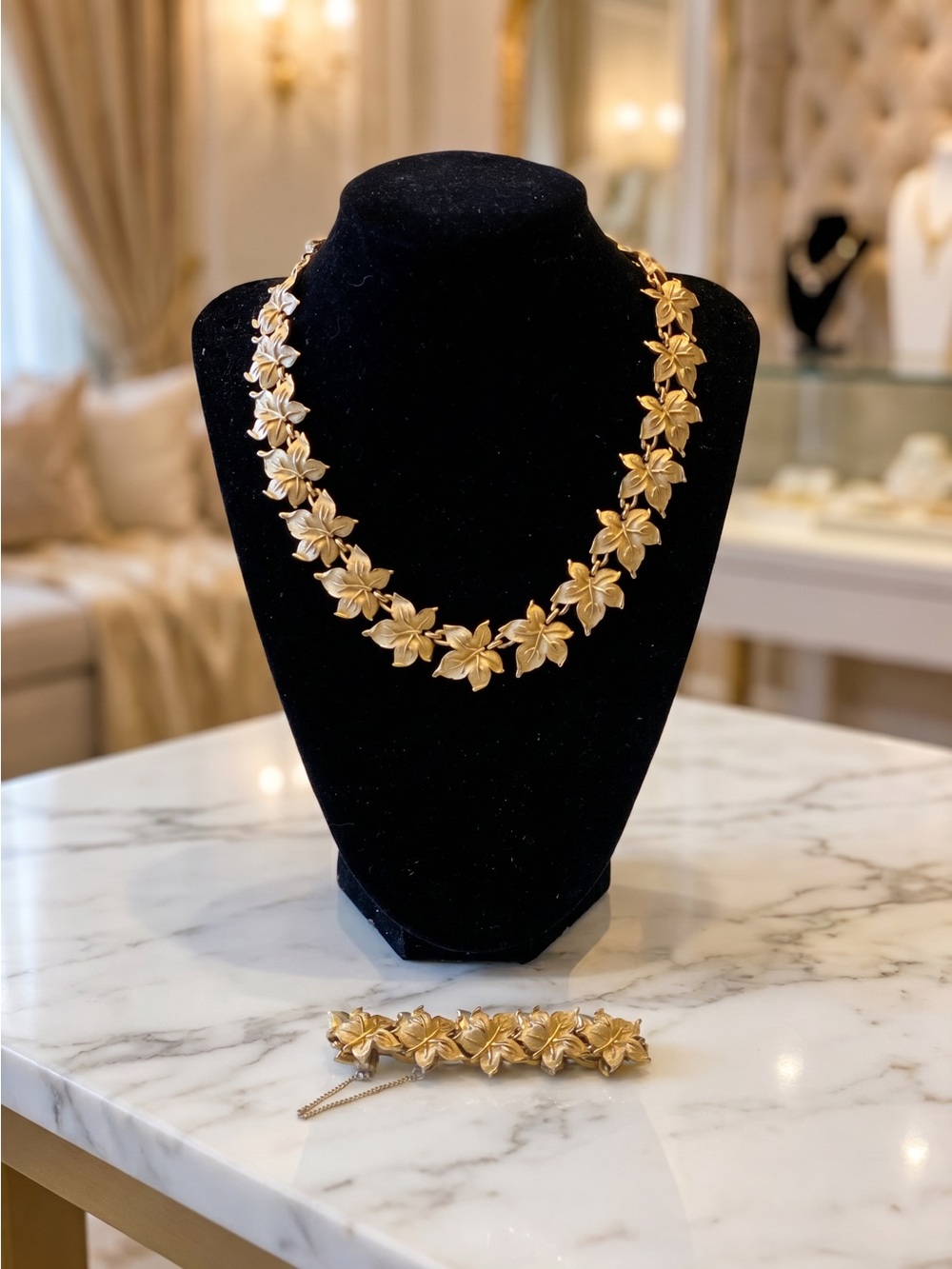 Vintage Crown Trifari Maple Leaf Necklace & Bracelet Set